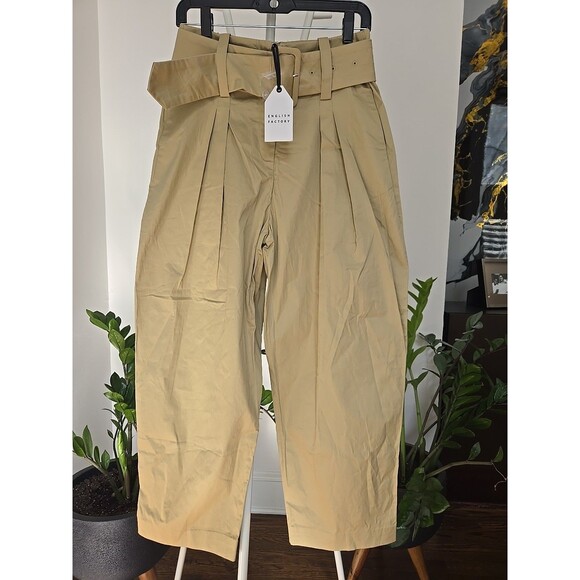 English Factory Trousers Women's Small Cropped Tan High Rise Belted Waist Pleat - Picture 1 of 10